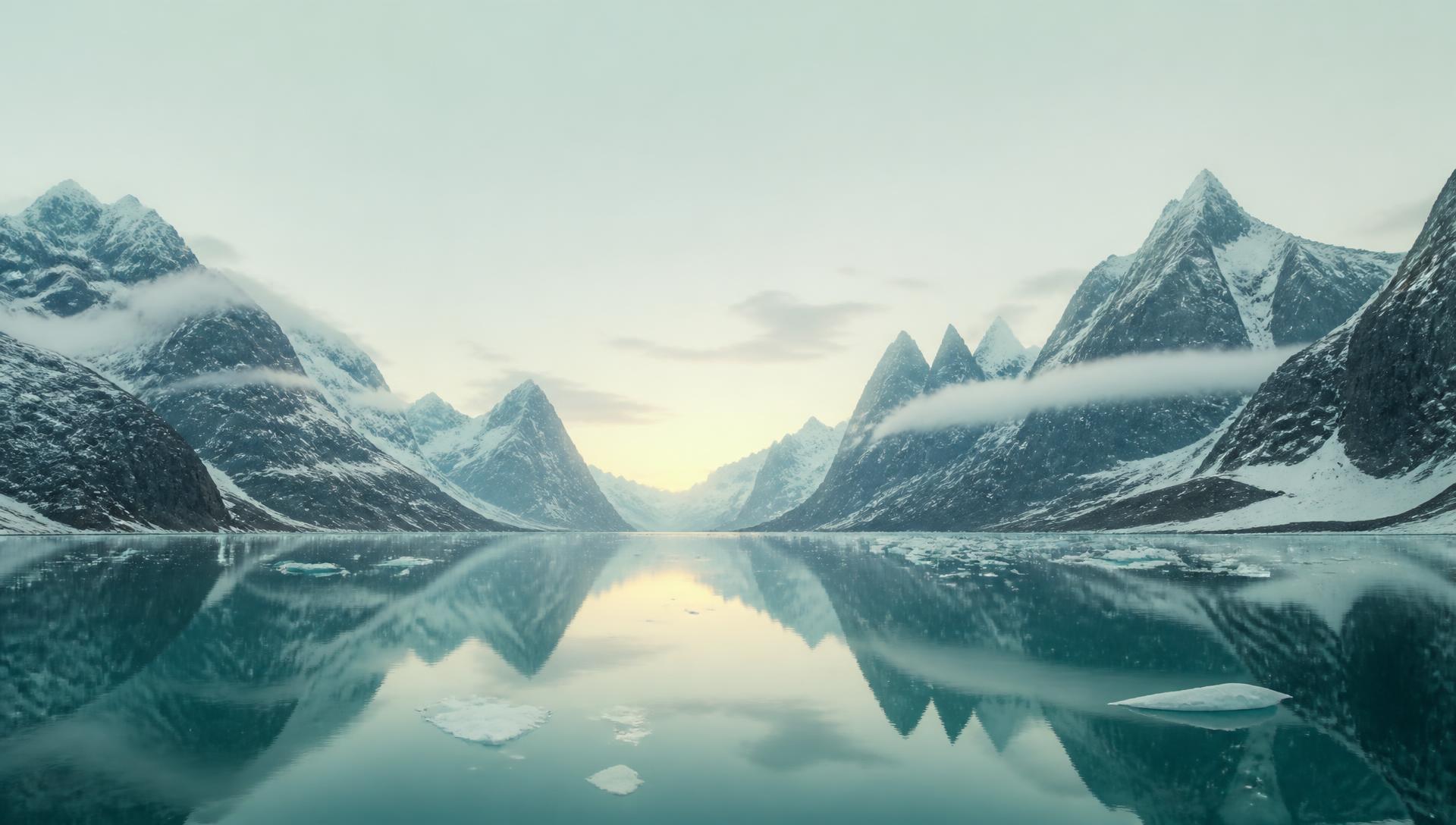Wide Greenland landscape with a glacier edge meeting dark still water